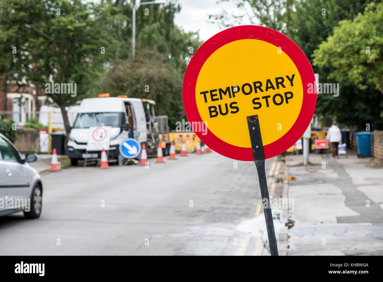 Temporäre Haltestellenschild, Nottinghamshire, England, Großbritannien Stockfoto