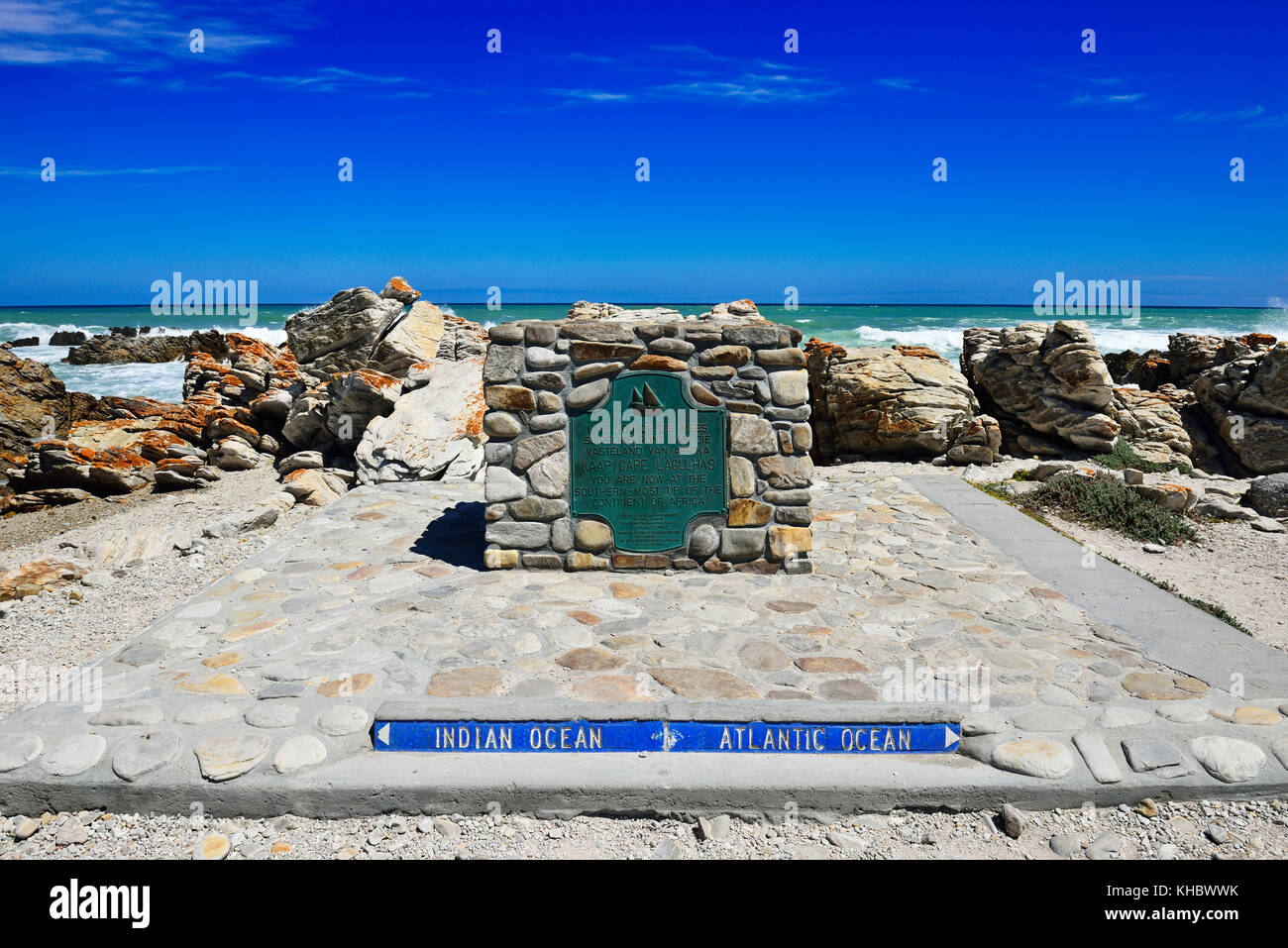 Südlichsten Punkt Afrikas, Treffen der Indische und der Atlantische Ozean, das Kap Agulhas, agulhas National Park, Provinz Western Cape Stockfoto