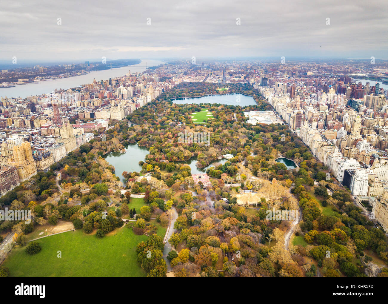Manhattan Panoramablick Luftbild vom Central Park im Herbst Stockfoto