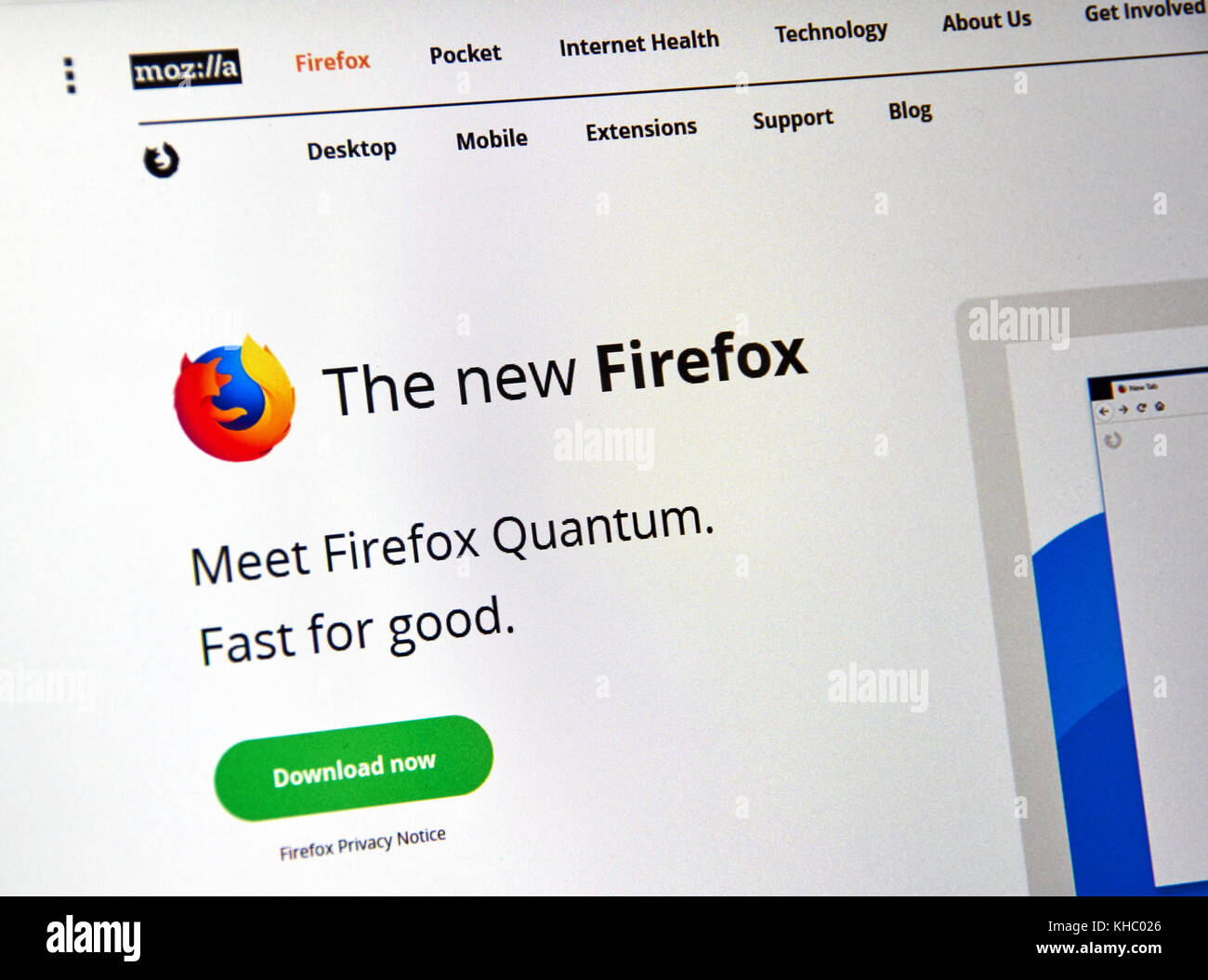 MONTREAL, KANADA - 14. NOVEMBER 2017: Firefox Quantum Webseite. Firefox Quantum ist eine Version von Mozillas Internet-Browser, die als signifikant f bezeichnet wird Stockfoto