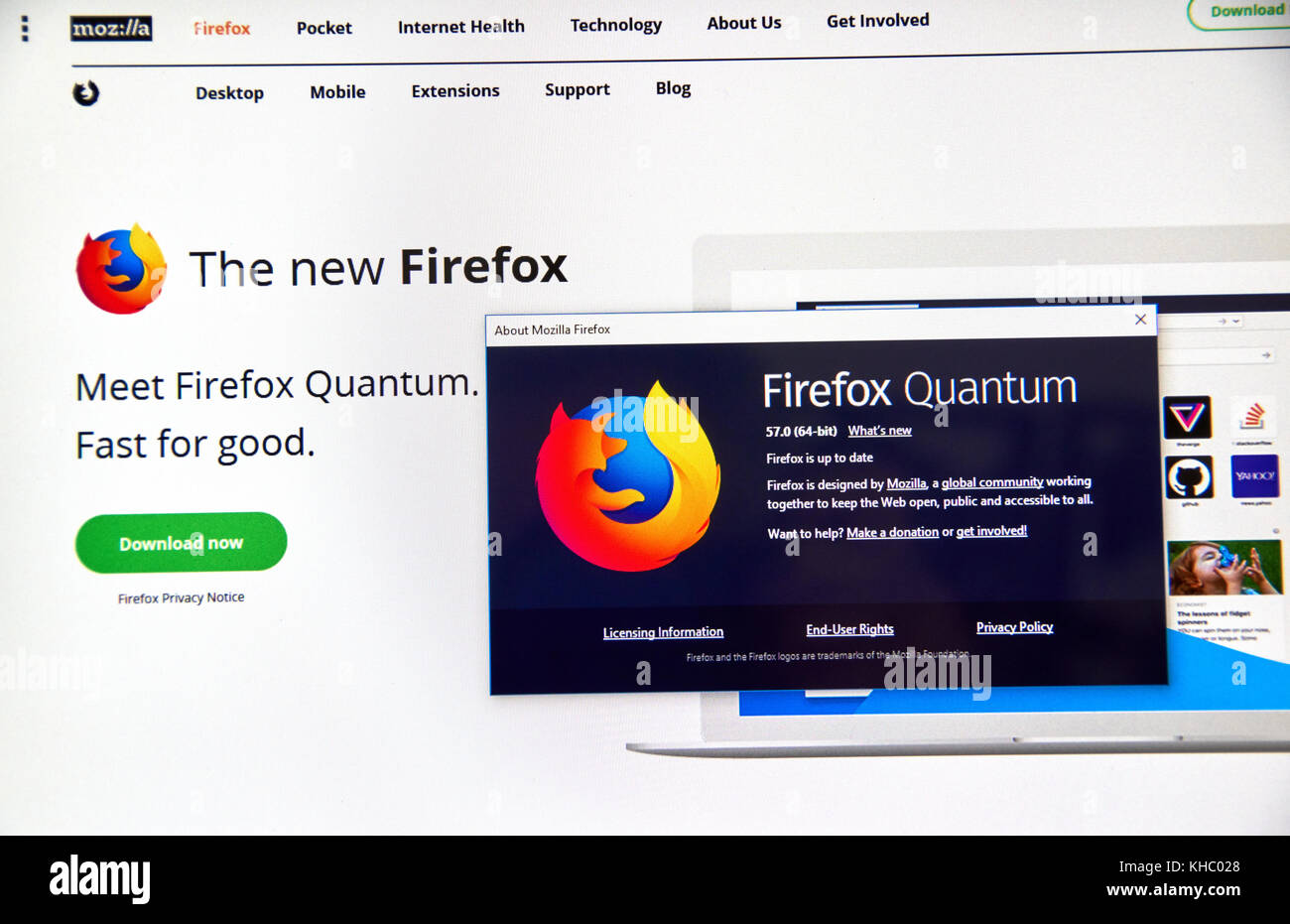 MONTREAL, KANADA - 14. NOVEMBER 2017: Firefox Quantum Webseite. Firefox Quantum ist eine Version von Mozillas Internet-Browser, die als signifikant f bezeichnet wird Stockfoto