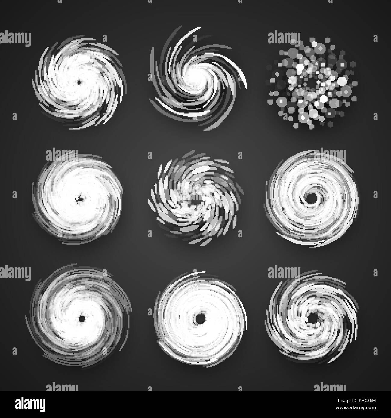 Realistische Hurrikan, Taifun, Zyklon vektor Symbol Spirale storm Logo, Spin vortex Abbildung auf schwarzen Hintergrund mit Schatten. Stock Vektor