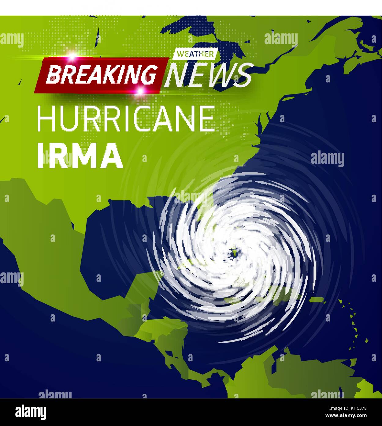 Breaking News tv, realistische Hurrikan Wirbelsturm Vector Illustration auf USA-Karte, Typhoon Spirale storm Logo auf grüne Welt Karte, Spin vortex Abbildung auf schwarzen Hintergrund mit Schatten. Stock Vektor