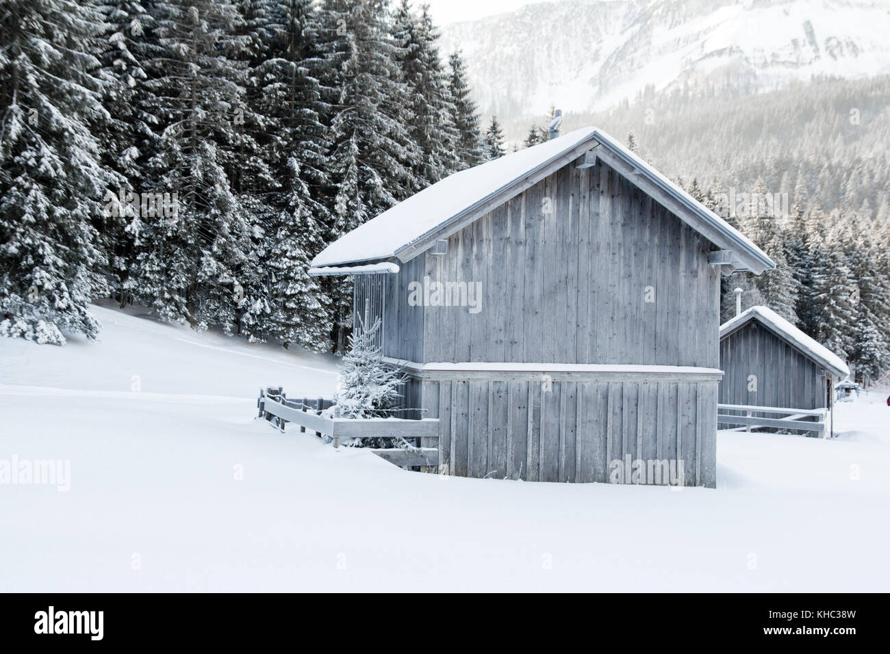 Holz haus im Winter schnee Natur Stockfoto