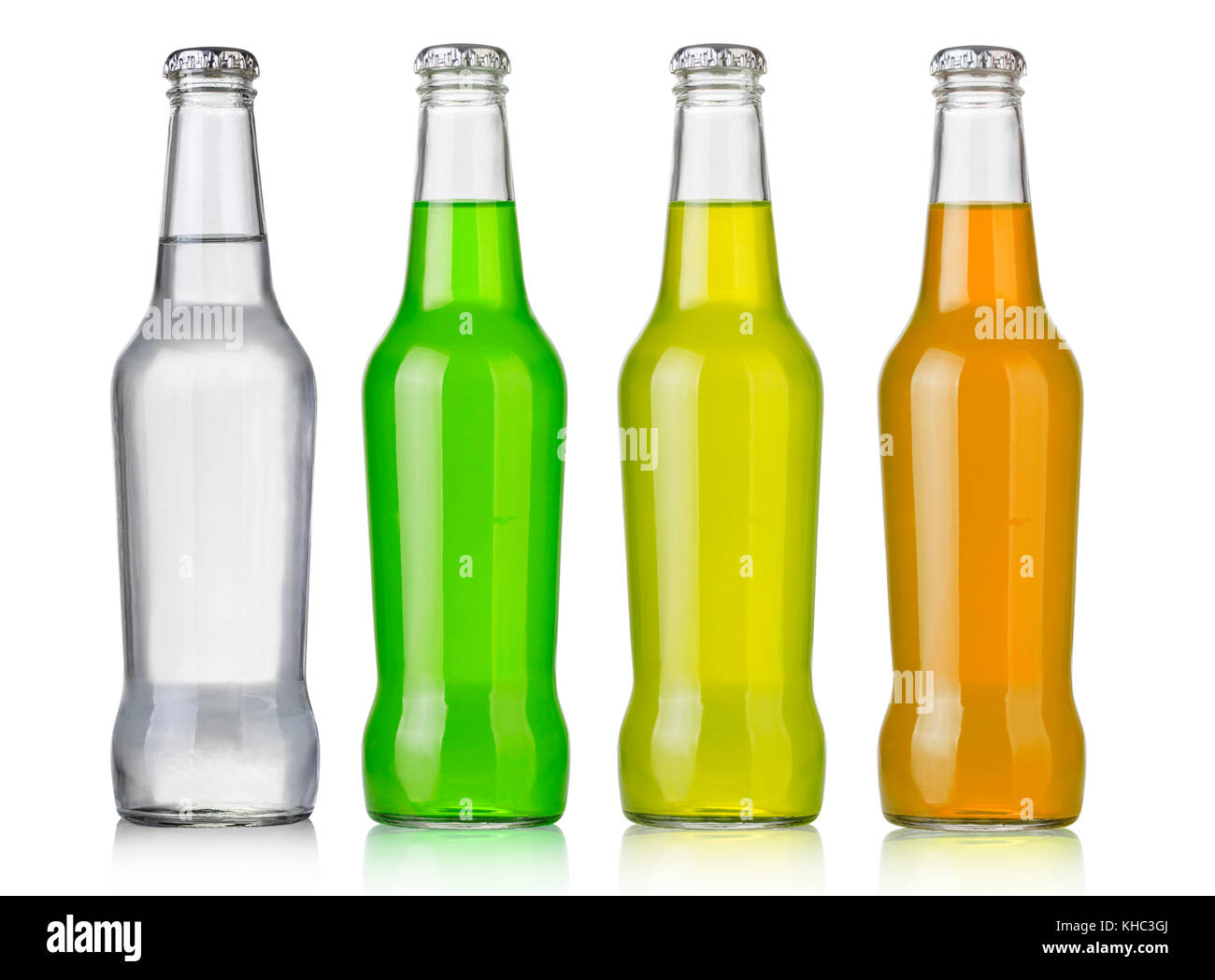 Vier verschiedene Soda Flaschen, nicht-alkoholische Getränke Stockfoto
