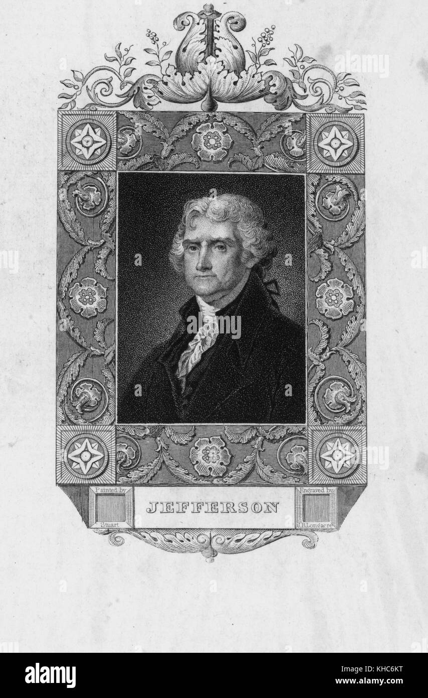 Graviertes Porträt von Thomas Jefferson, mit verziertem Zierrand, mit Jefferson am unteren Rand, 1880. Aus der New York Public Library. Stockfoto