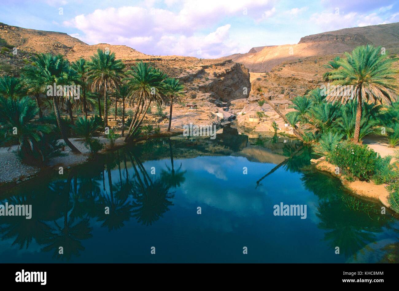 Oasis, Wadi Bani Khaled, Teich, Palmen, Reflexionen, Schlucht, Felsen