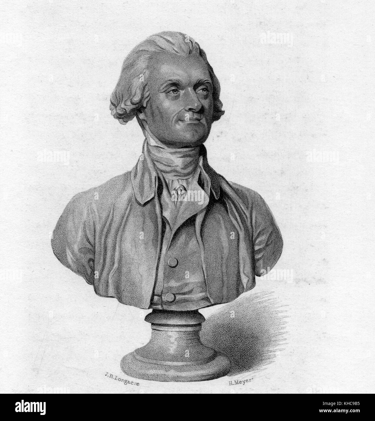 Eine Ätzung aus einer Büste von Thomas Jefferson, sein Gesicht mit einem leichten Lächeln dargestellt, der Kopf drehte sich in einen Winkel vom Betrachter, 1800. Aus der New York Public Library. Stockfoto