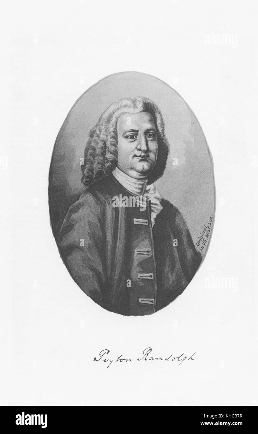 Eingraviertes Porträt von Peyton Randolph, Sprecher des Virginia House of Burgesses, Vorsitzender der Virginia Conventions und erster Präsident des Kontinentalkongresses, 1900. Aus der New York Public Library. Stockfoto