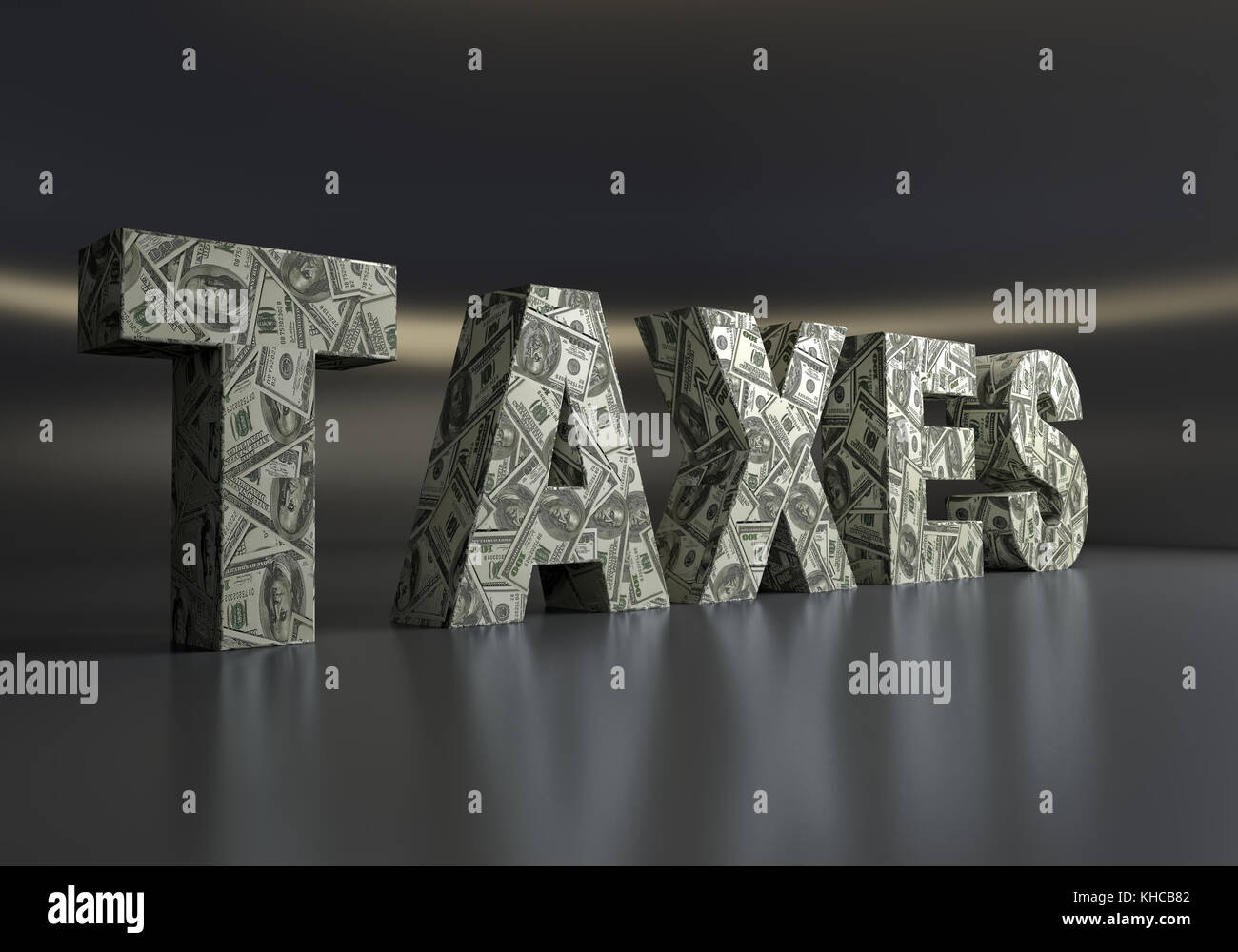 3D-Rendering von Steuern Wort um mit US Dollar Banknoten über dunkelgrauen Hintergrund gewickelt Stockfoto