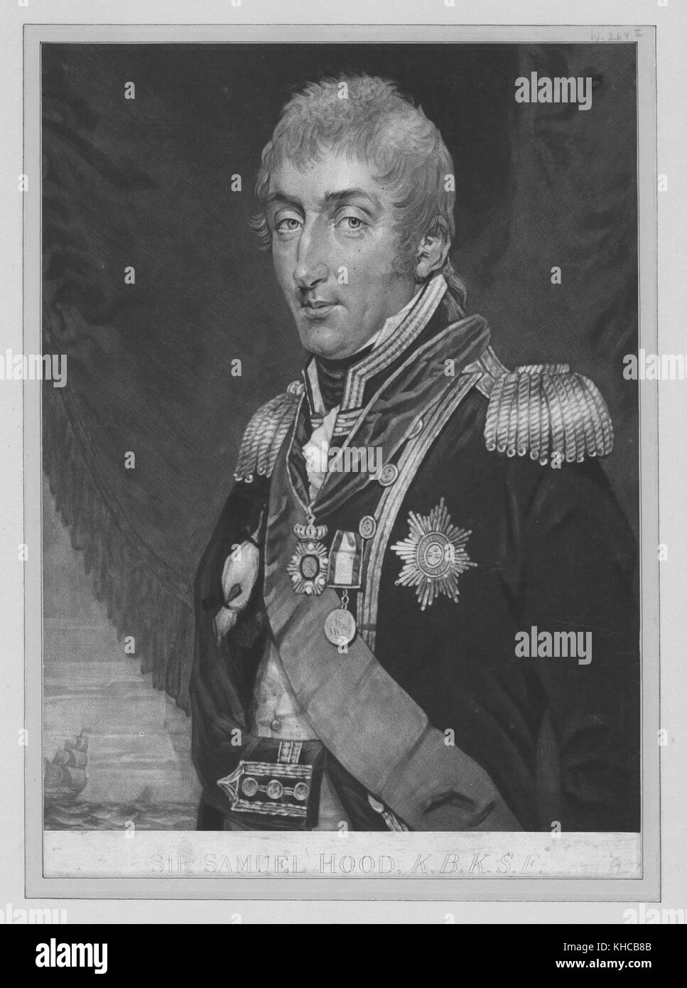 Brustbild von Sir Samuel hood, in Uniform, das Tragen von Medaillen, besonders für seinen Service im amerikanischen Unabhängigkeitskrieg und die französische revolutionäre Kriege, 1850 bekannt. Von der New York Public Library. Stockfoto