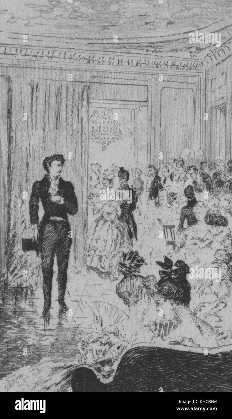 Geätzte Abbildung zeigen einen Mann im Anzug, mit einem Hut, in einem Raum voller gut gekleidete Menschen, für den Roman I promessi sposi (die Verlobten) von Alessandro Manzoni, 1827. Von der New York Public Library. Stockfoto