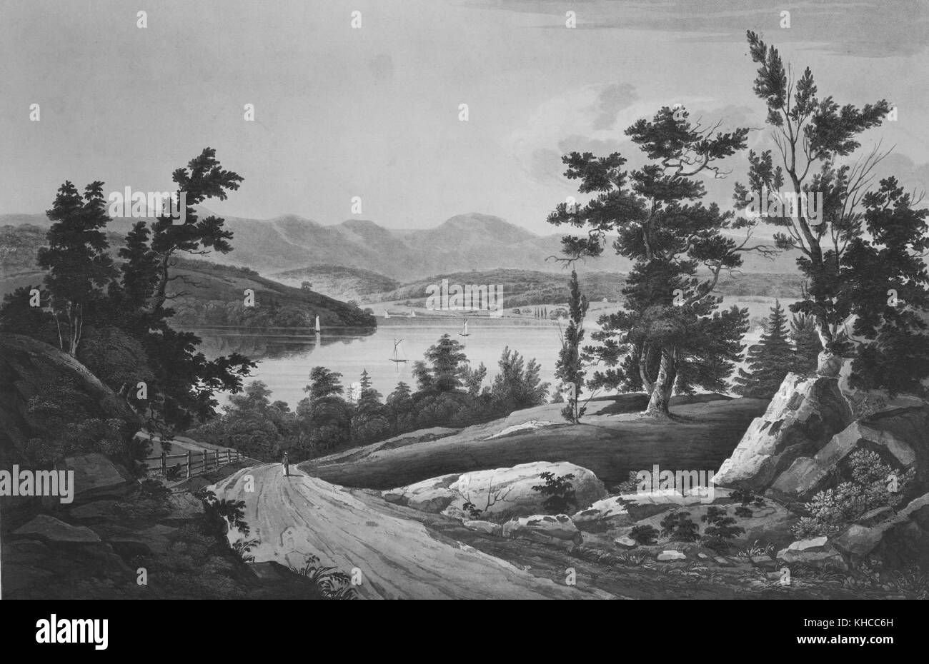 Ein Gemälde der Darstellung einen Teil auf den Hudson River und die umliegende Landschaft, eine Person gesehen werden kann hinunter eine Dirt Road in Richtung des Flusses, wo Boote segeln gesehen werden kann, sanften Hügeln im Hintergrund, 1822 gesehen werden. Von der New York Public Library. Stockfoto