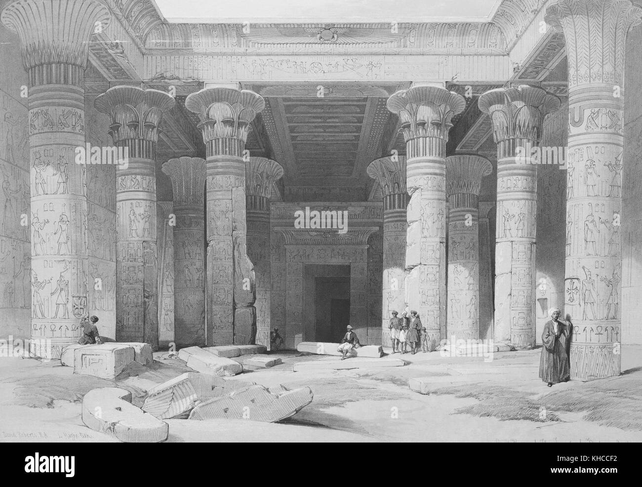 Lithographie grand Portikus der Tempel von Philae, Nubien, von David Roberts, Ägypten, 1838. Von der New York Public Library. Stockfoto