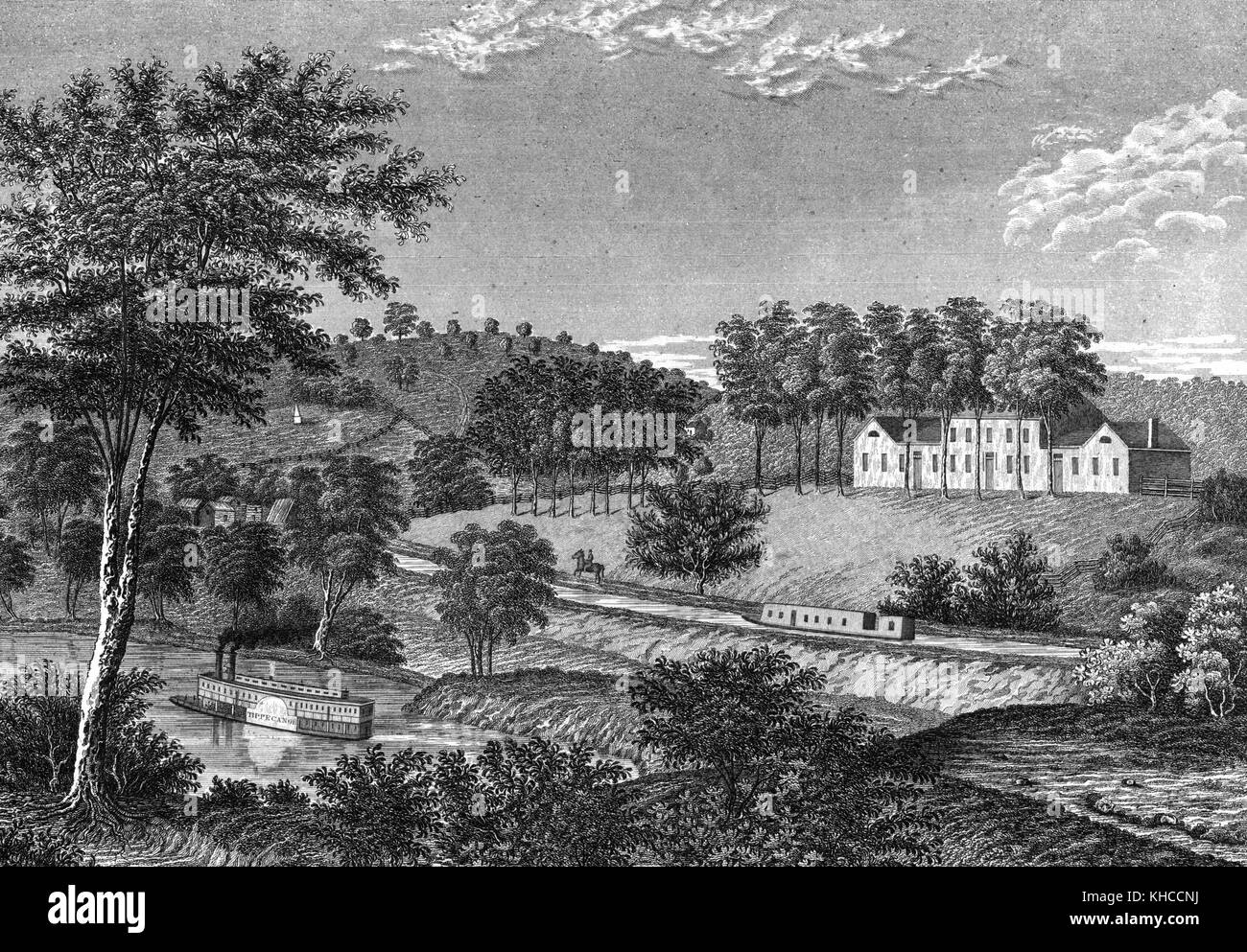 Ein Stich aus einem Landschaftsgemälde mit der Residenz von William Henry Harrison, Landschaft besteht aus Bäumen und niedrigen Hügeln, ein Boot auf dem Fluss, North Bend, Ohio, 1843 zu sehen. Aus der New York Public Library. Stockfoto