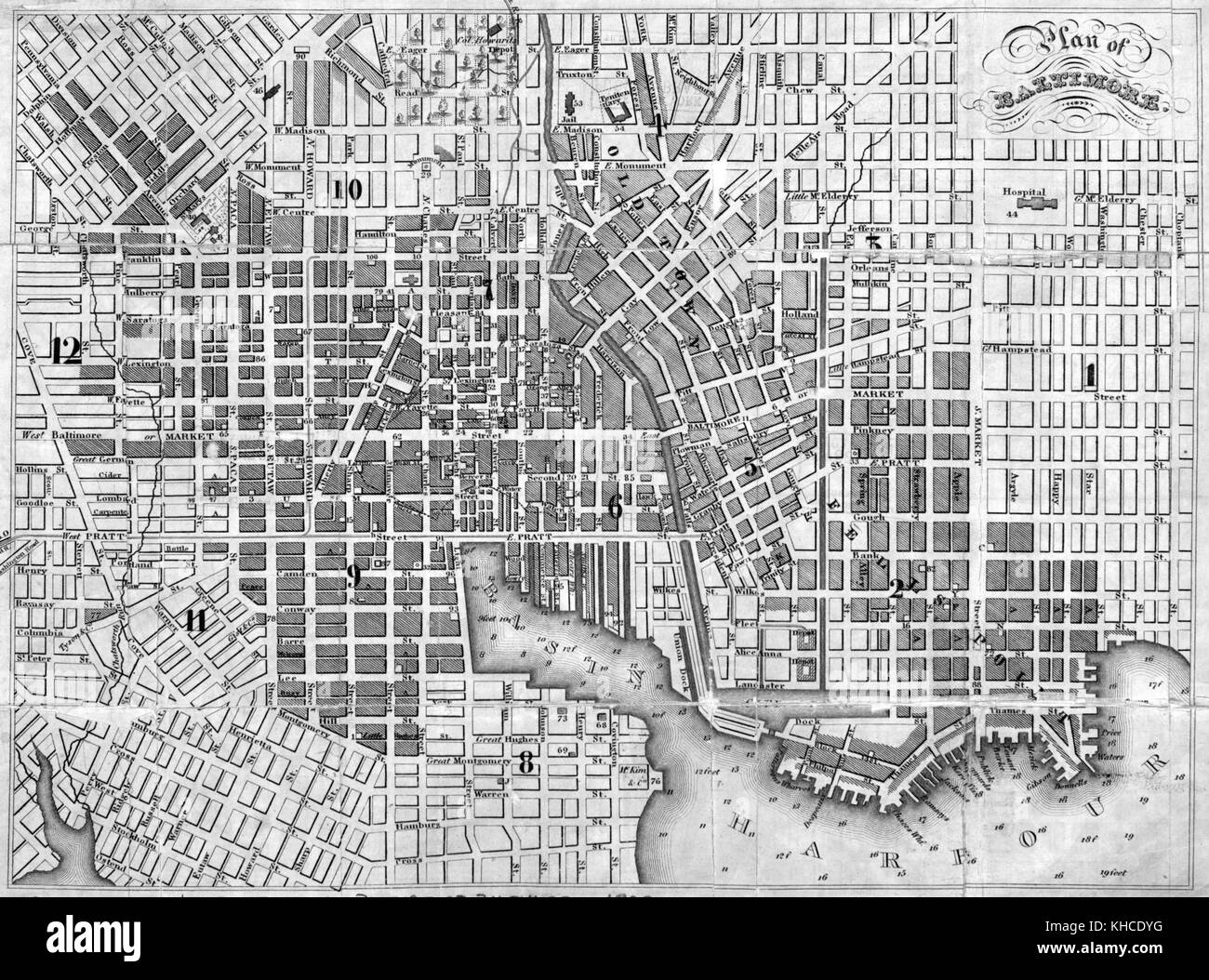 Karte mit Plan der Stadt, Baltimore, Maryland, 1832. Von der New York Public Library. Stockfoto