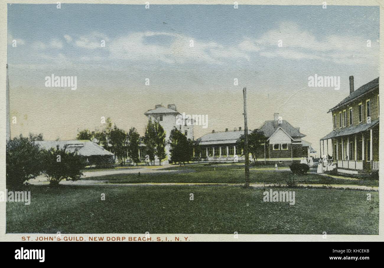 Eine Postkarte von einem Foto der Gebäude, die der St. John's Guild gehörten, kauften sie 14 Morgen Land und bauten das Seaside Hospital im späten 19. Jahrhundert, New Dorp Beach, Staten Island, New York, 1900. Aus der New York Public Library. Stockfoto