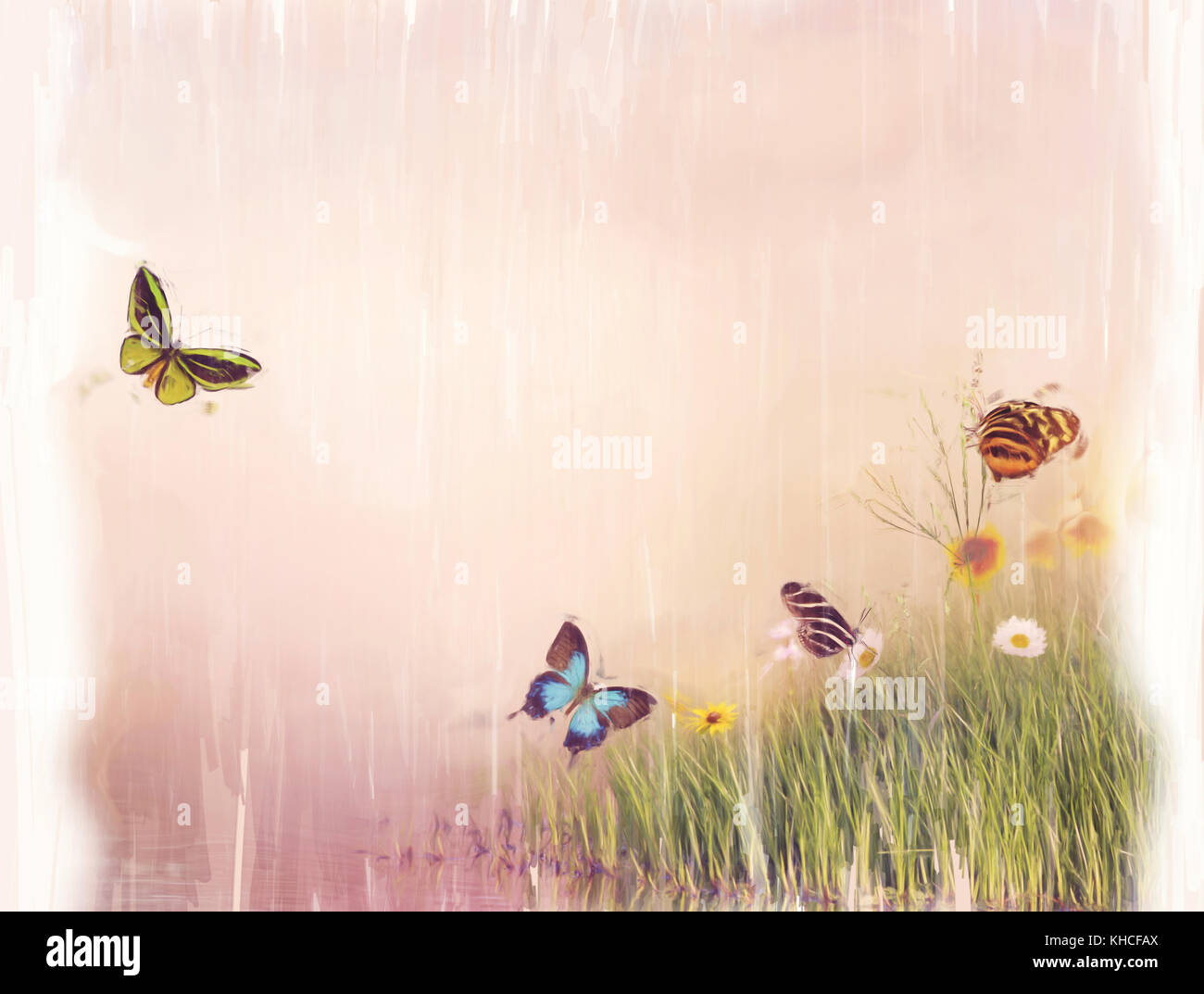 Digitales Gemälde von Schmetterlingen auf einem Feld Stockfoto