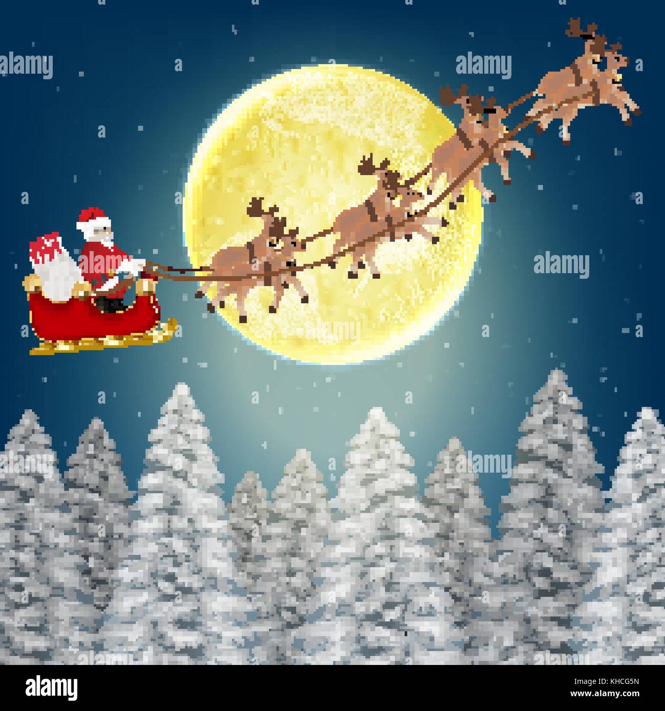 Weihnachtsmann mit Rentier fliegen über Haufen Wald Stock-Vektorgrafik