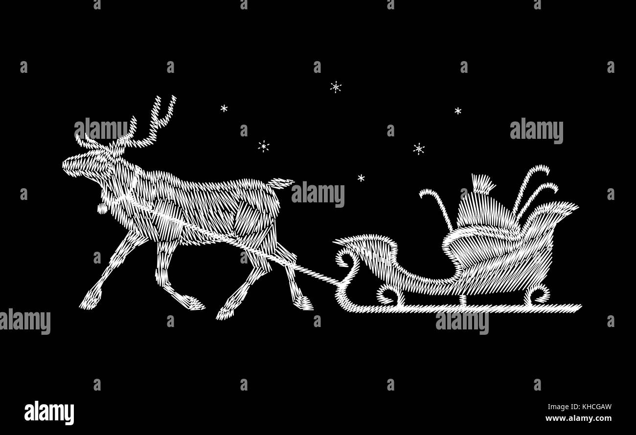 Rentier weihnachten Schlitten Geschenk Lieferung stickerei Patch. weiß schwarz Jahr mode Deko new deer Warenkorb textile realistische drucken Vector Illustration Stock Vektor