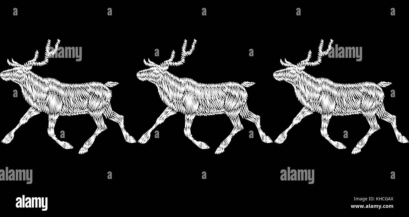 Rentier weihnachten Schlitten Geschenk Lieferung Stickerei nahtlose Grenze. monochrom weiss schwarz Jahr mode Deko new deer Warenkorb textile realistische drucken Vector Illustration Stock Vektor