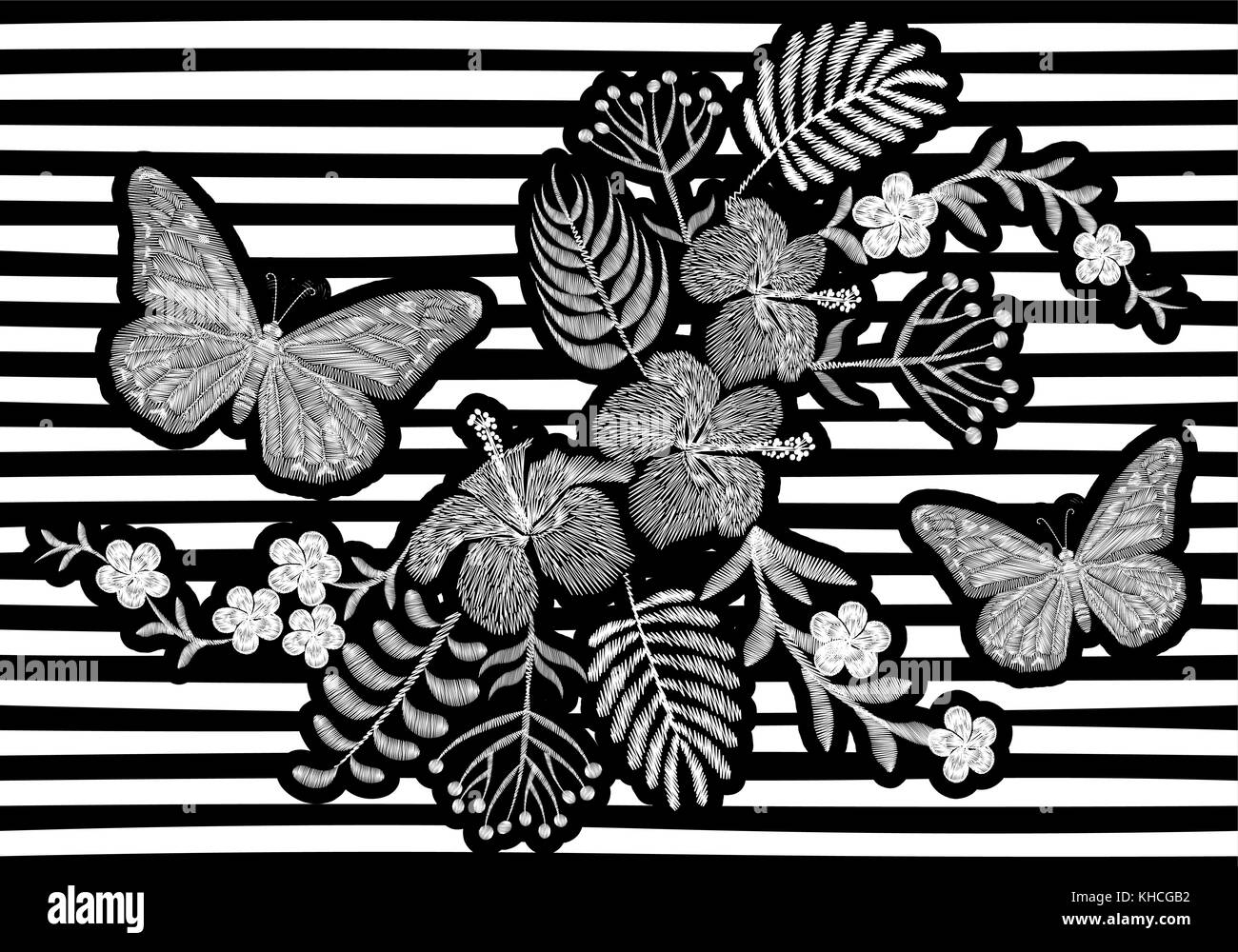 Schmetterling realistische Stickerei Textur Design. Exotische weiße Blumen mode Dekoration auf Gestreifte monochromen Hintergrund Vector schwarz Abbildung: Stock Vektor