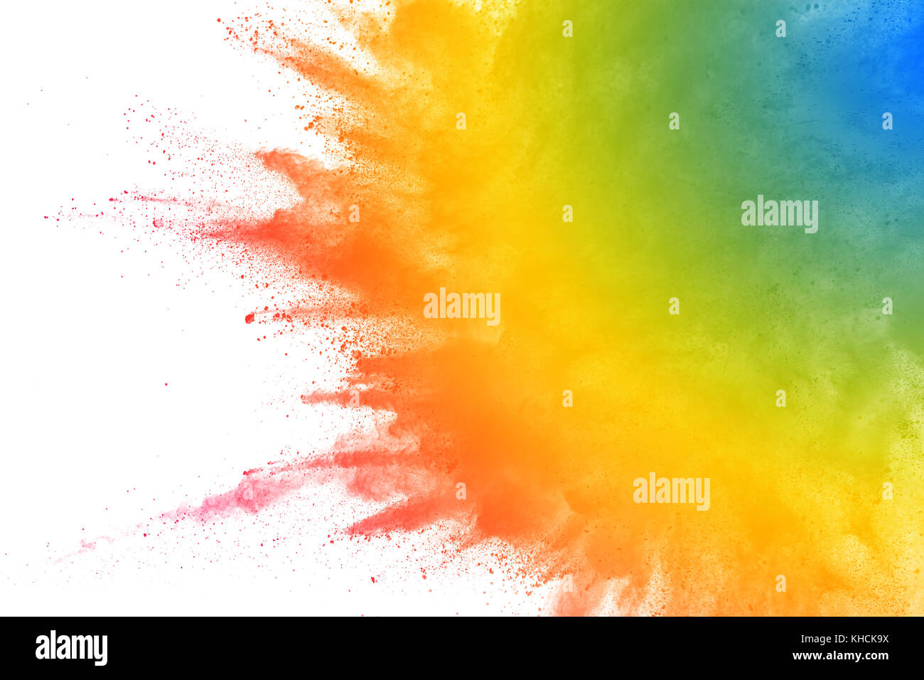 Bunte Pulver Explosion auf weißem Hintergrund. Stockfoto