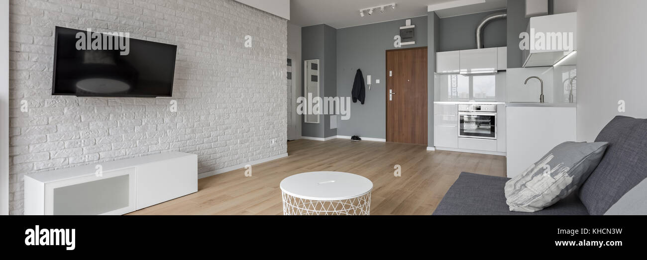 Moderne Studio-Wohnung mit tv-Raum, Sofa und kleiner, offener Küche, Panorama Stockfoto