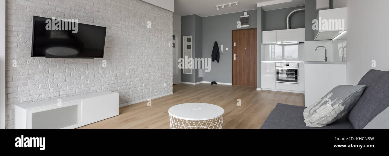 Modernes Studio mit TV, Sofa und kleine, offene Küche, Panorama ... Modernes Studio mit TV, Sofa und kleine, offene Küche, Panorama ...