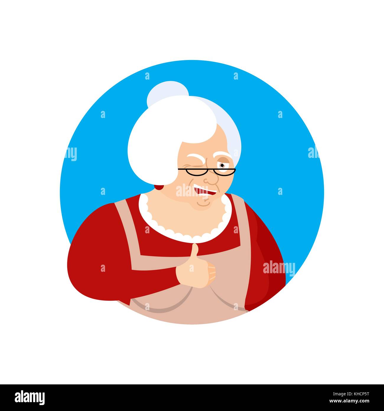 Großmutter Daumen nach oben und winks Emoji. Oma glücklich Emoji. gerne alte Dame. Vector Illustration Stock Vektor
