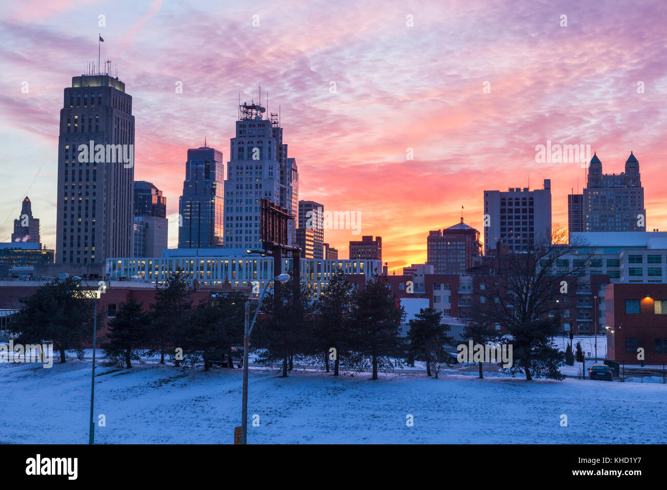 Kansas City Panorama bei Sonnenuntergang. Kansas City, Missouri, USA. Stockfoto