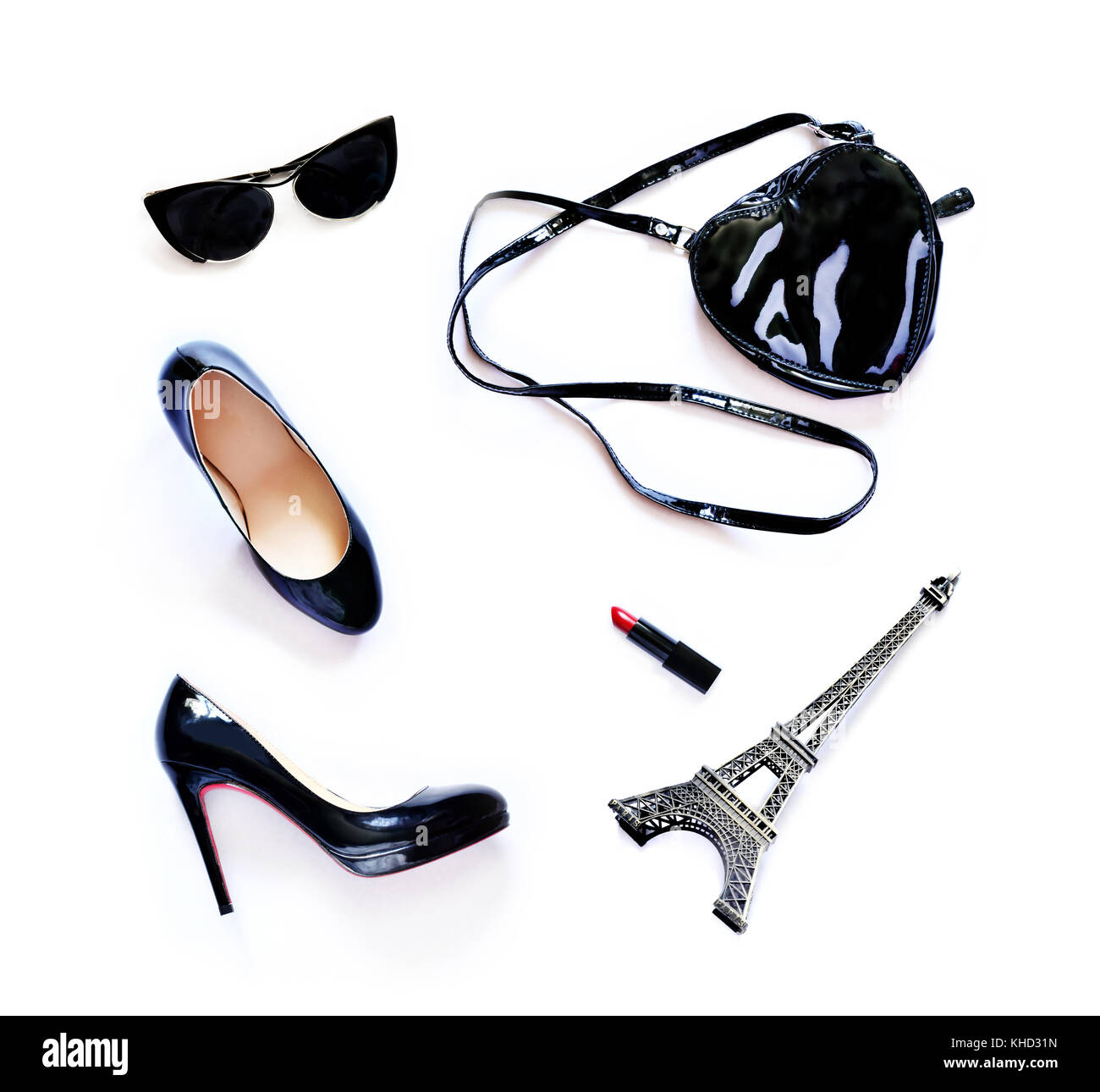 Collage von touristischen Zubehör auf weißem Hintergrund Stockfoto