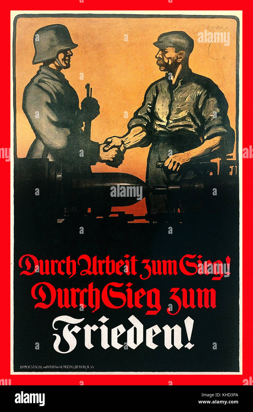 WW1 Vintage Deutsche Propaganda Poster mit deutschen Soldaten tragen typische "Kohle versenken' Helm danken Shell, Arbeiter, der durch seine Bemühungen um den Frieden bringen wird, Stockfoto