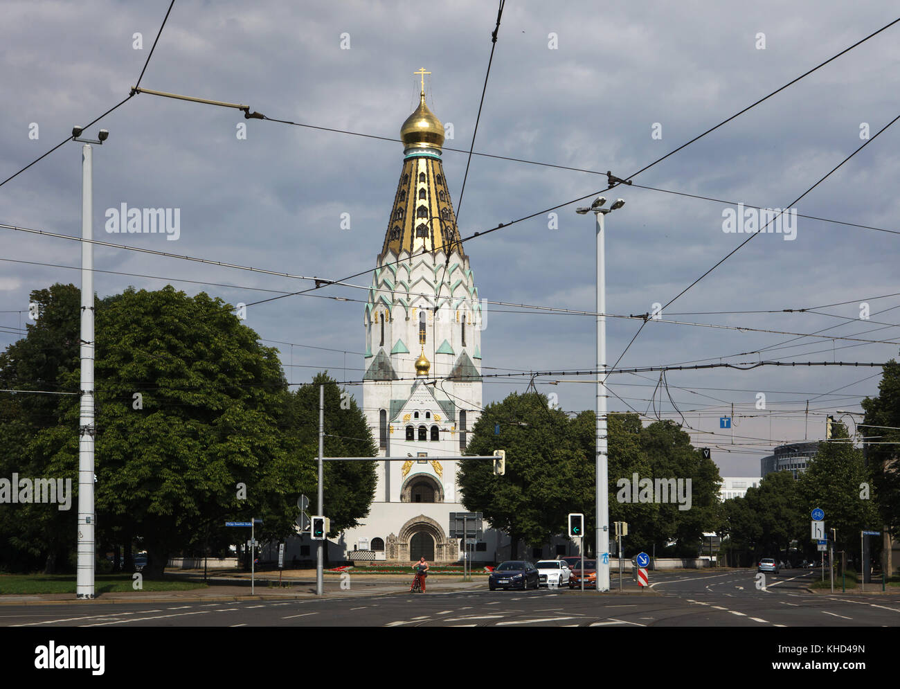 Russische Gedächtniskirche von russischen Architekten Wladimir Pokrowski in Leipzig, Sachsen, Deutschland entworfen. Die russische Gedächtniskirche gewidmet dem hl. Alexius von Moskau wurde im Jahre 1913 das 100-jährige Jubiläum der 1813 Kampf der Nationen zu gedenken. Stockfoto