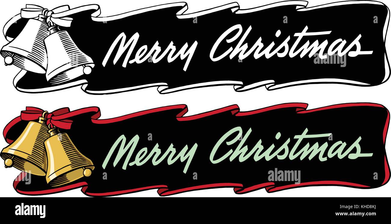 Ein Urlaub banner lesen Frohe Weihnachten mit Messing Glocken und einem roten Band. Stock Vektor