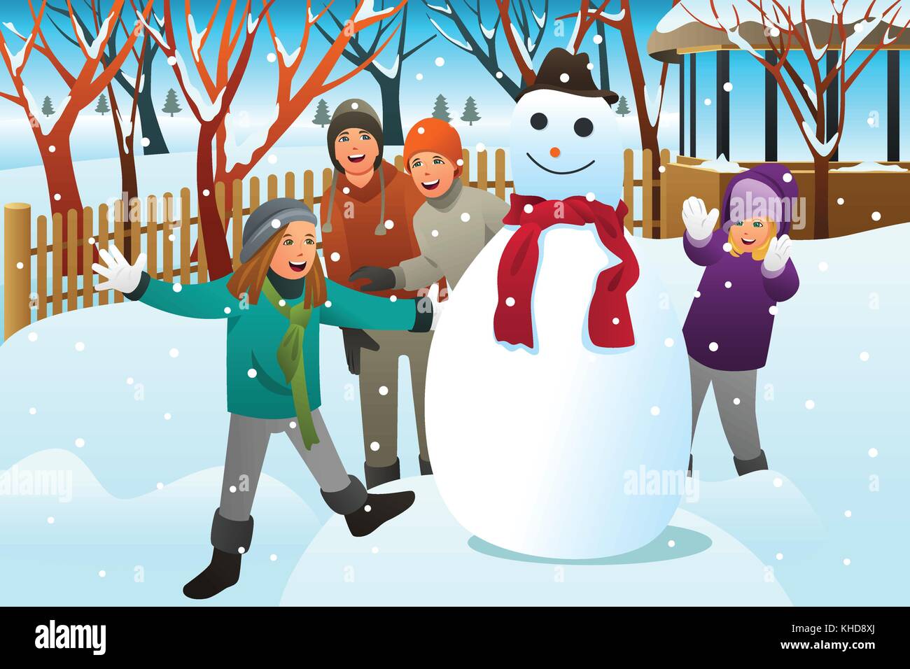 Ein Vektor Abbildung: Kinder und Jugendliche Freunde einen Schneemann bauen Stock Vektor