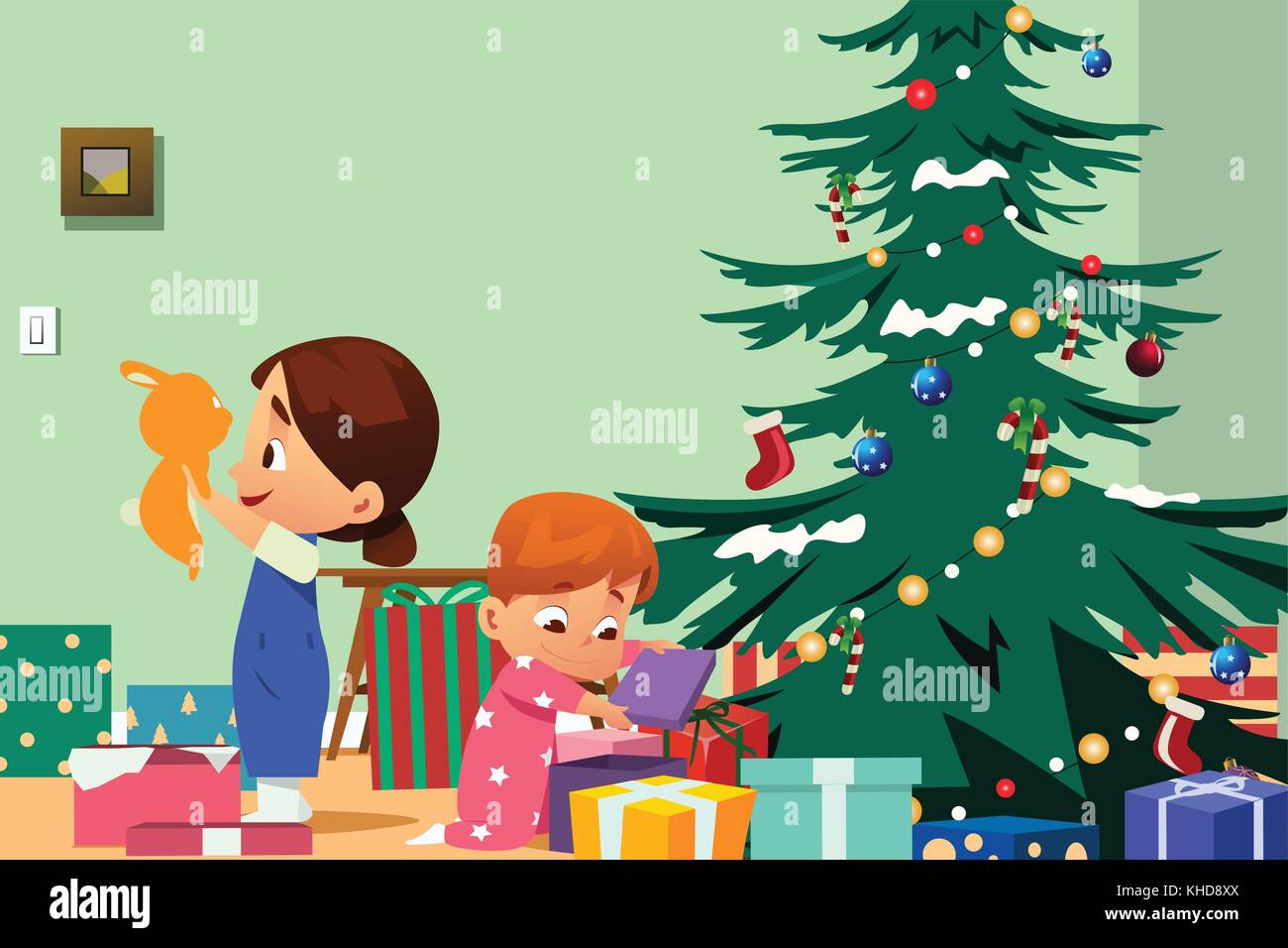 Ein Vektor Illustration von Kindern öffnen Weihnachtsgeschenke Stock Vektor
