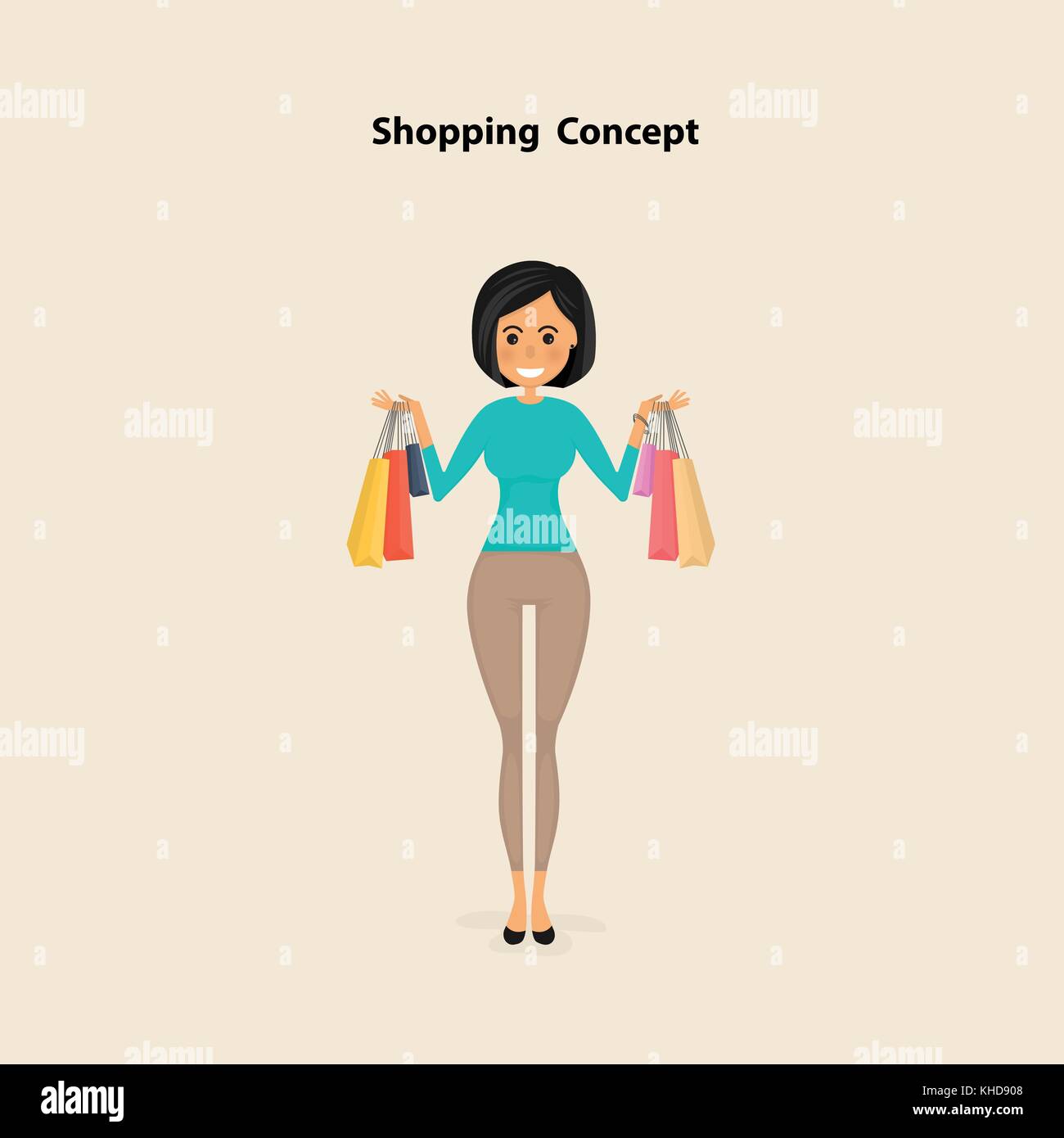 Junge Frau und Einkaufstaschen auf einem Hintergrund. Hübsche Frau für den Kauf von Produkten und Bestellungen mit Einkaufstüten. Shopping Konzept. Vektor illustrati Stock Vektor