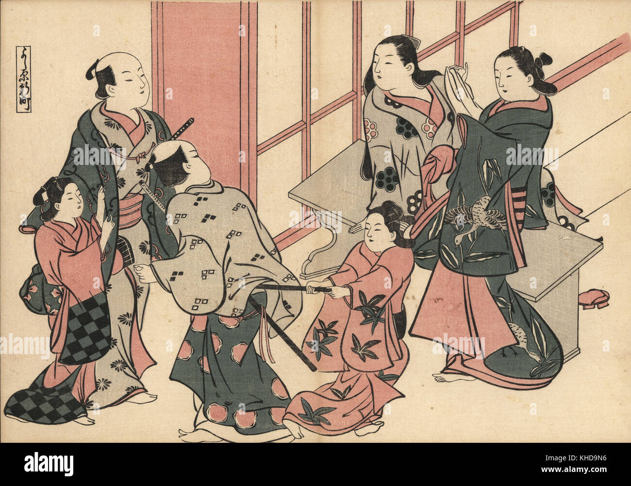 Zwei kamuro Zimmermädchen versuchen, zwei Samurai auf Ihre Kurtisane Mätressen zu ziehen. Szene in Yoshiwara vergnügen Viertel. Holzschnitt von masanobu Okumura (1686-1764) von Fuzoku Emakimono, Bild Scrollen von Wasser Handel, Tokio, Reprint circa 1880. Stockfoto