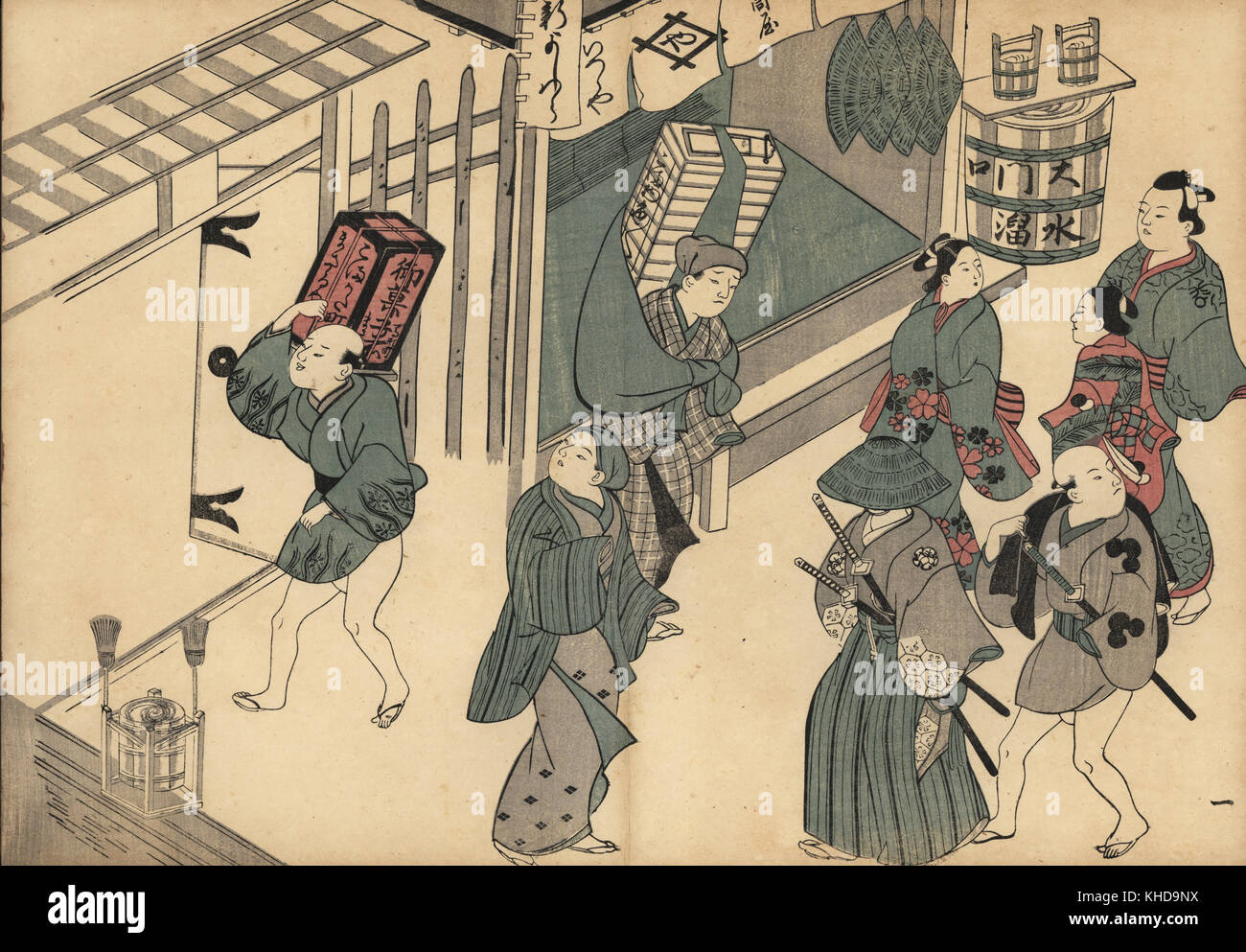 Samurai und Diener, Kurtisanen und Kaufleute im Viertel. Holzschnitt von masanobu Okumura (1686-1764) von Fuzoku Emakimono, Bild Scrollen von Wasser Handel, Tokio, Reprint circa 1880. Stockfoto