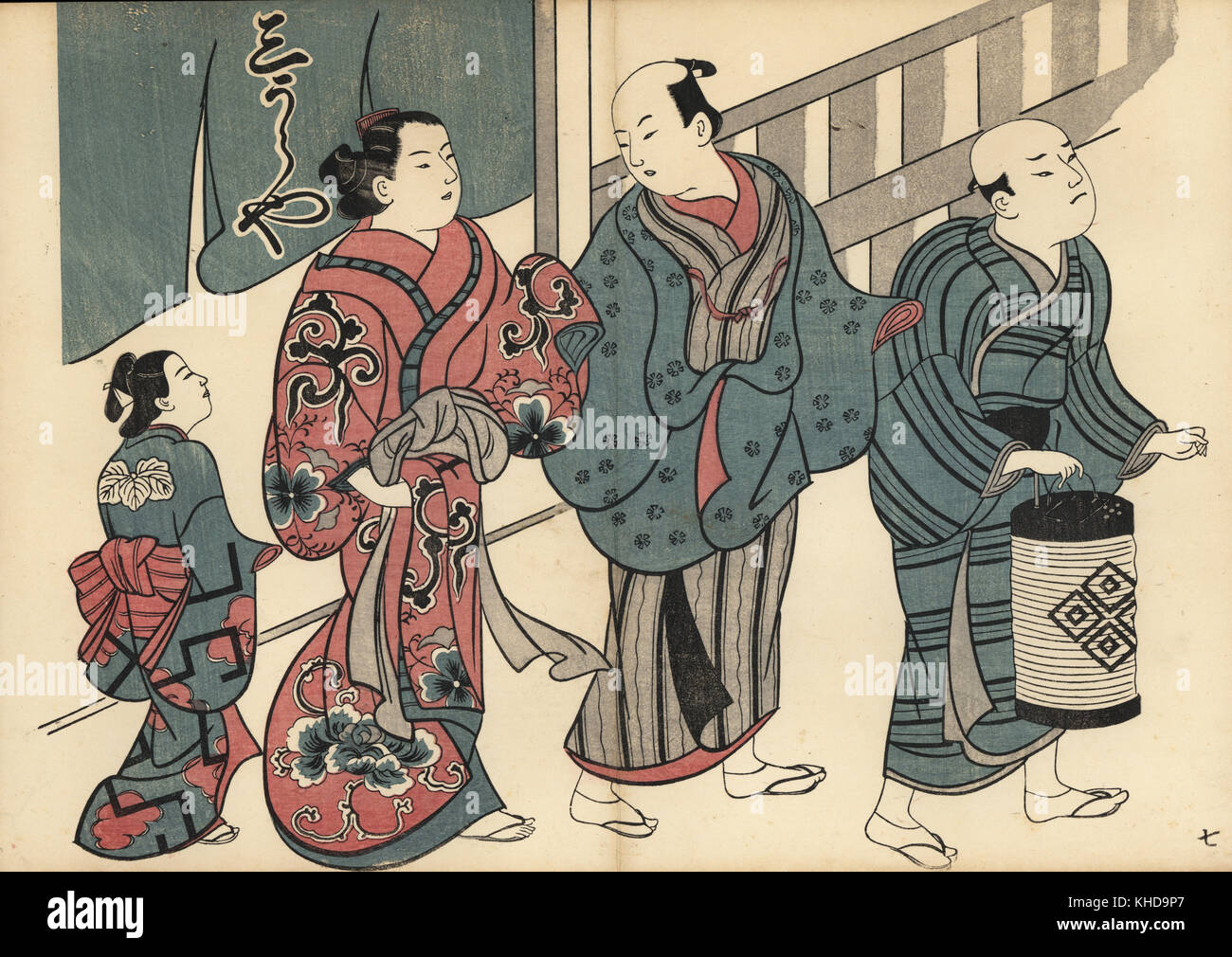 Kunden- und Kurtisane mit Maid (kamuro), geführt von einem Knecht Holding eine Laterne im Viertel. Holzschnitt von masanobu Okumura (1686-1764) von Fuzoku Emakimono, Bild Scrollen von Wasser Handel, Tokio, Reprint circa 1880. Stockfoto