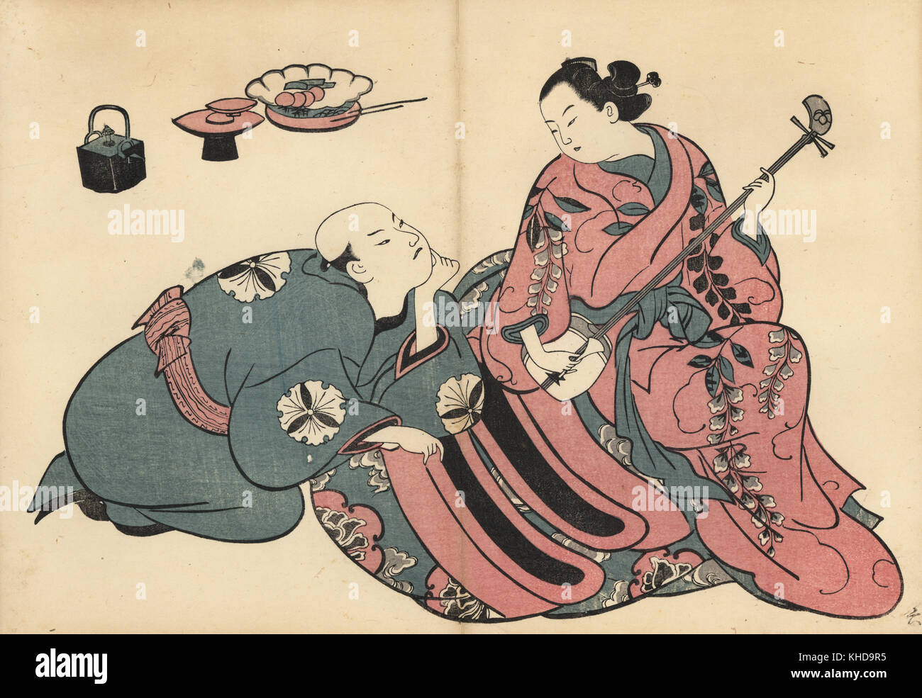Kurtisane unterhaltsam ein Kunde durch das Spielen der Shamisen im Viertel. Holzschnitt von masanobu Okumura (1686-1764) von Fuzoku Emakimono, Bild Scrollen von Wasser Handel, Tokio, Reprint circa 1880. Stockfoto
