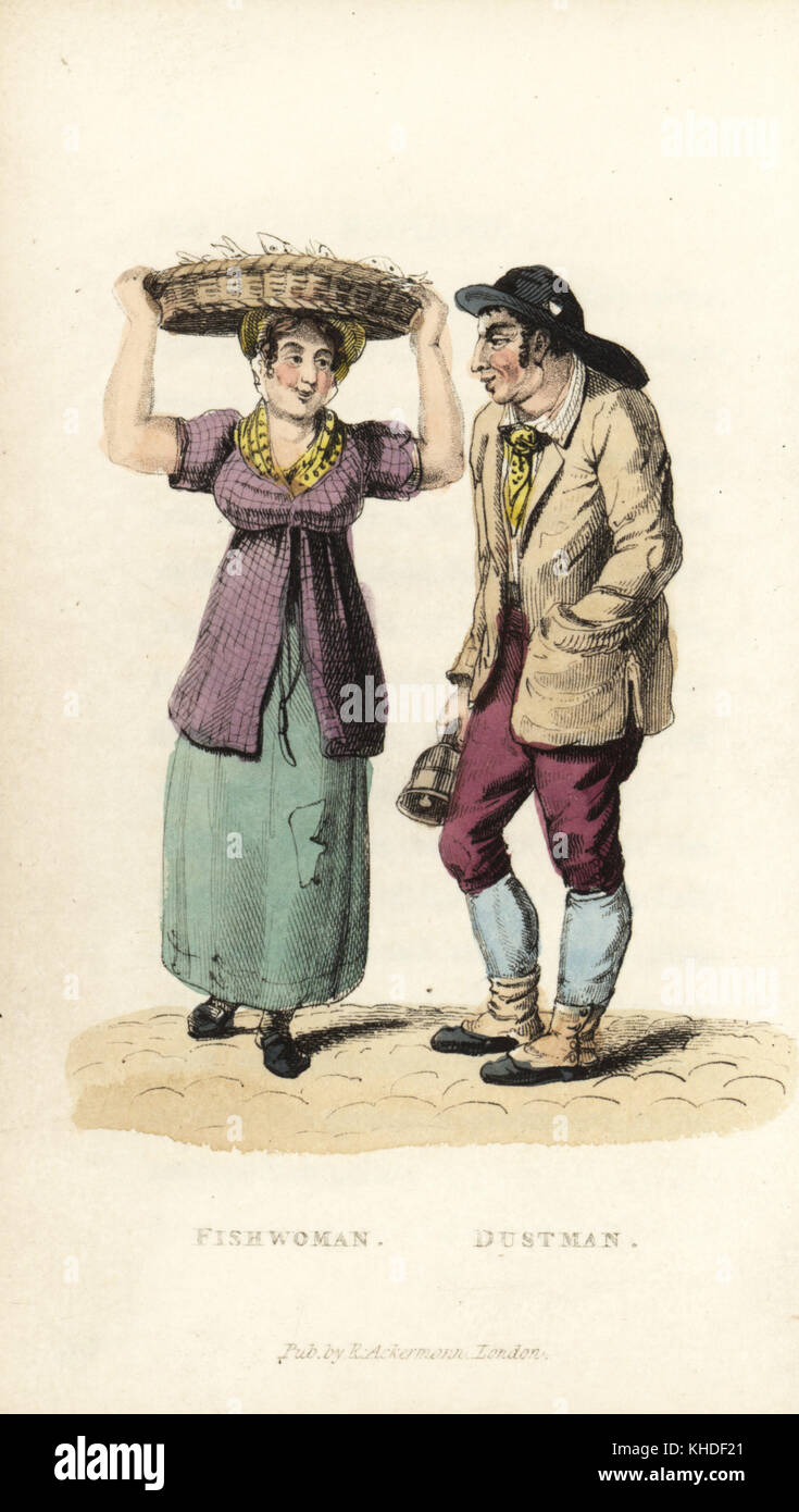 Ambulante fishwoman mit Korb von sprotten auf dem Kopf und einem müllmann mit Glocke sammeln Staub, Asche und andere Hausmüll. Papierkörbe Kupferstich von William Henry Pyne der Welt in Miniatur: England, Schottland und Irland, Ackermann, 1827. Stockfoto