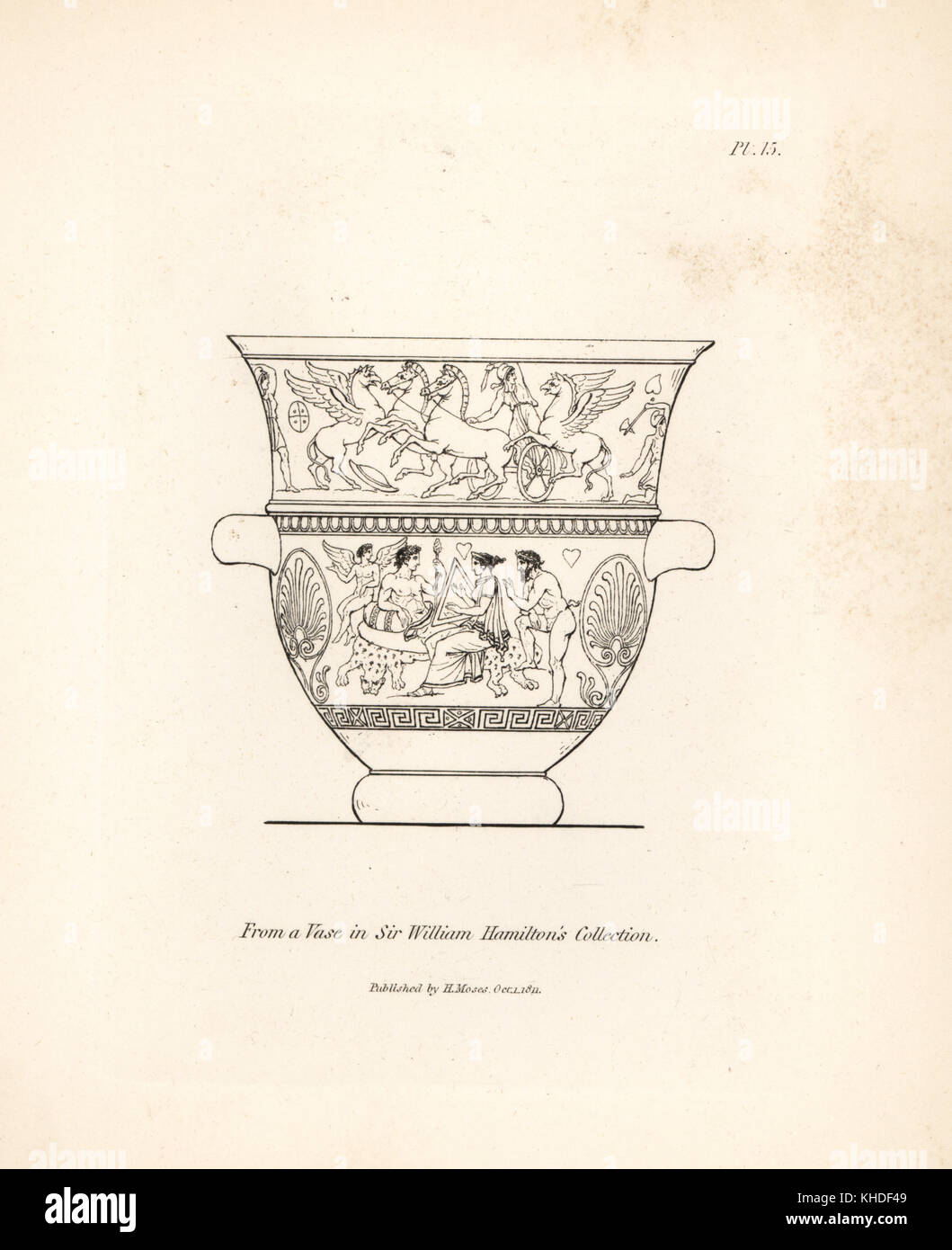 Vase mit mythischen Figuren aus dem British Museum eingerichtet. Minerva auf zwei - Pferd wagen Zähmung Pegasus oben, und anderen Göttern unter Musik. Kupferstich von Henry Mose aus einer Sammlung von antiken Vasen, Altäre, etc., London, 1814. Stockfoto