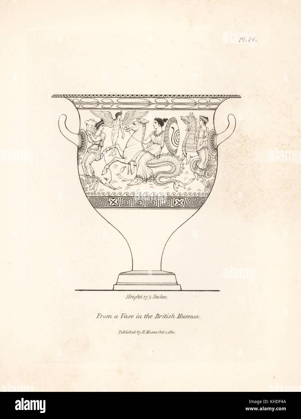 Vase mit mythischen Figuren der Nereiden und hippocampi vom Britischen Museum eingerichtet. Kupferstich von Henry Mose aus einer Sammlung von antiken Vasen, Altäre, etc., London, 1814. Stockfoto