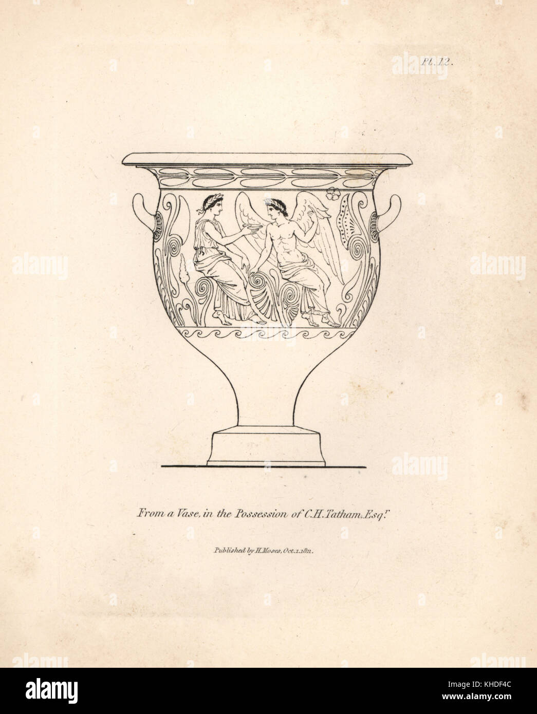 Vasen mit mythischen Szenen aus dem c.h. tatham Sammlung eingerichtet. Kupferstich von Henry Mose aus einer Sammlung von antiken Vasen, Altäre, etc., London, 1814. Stockfoto