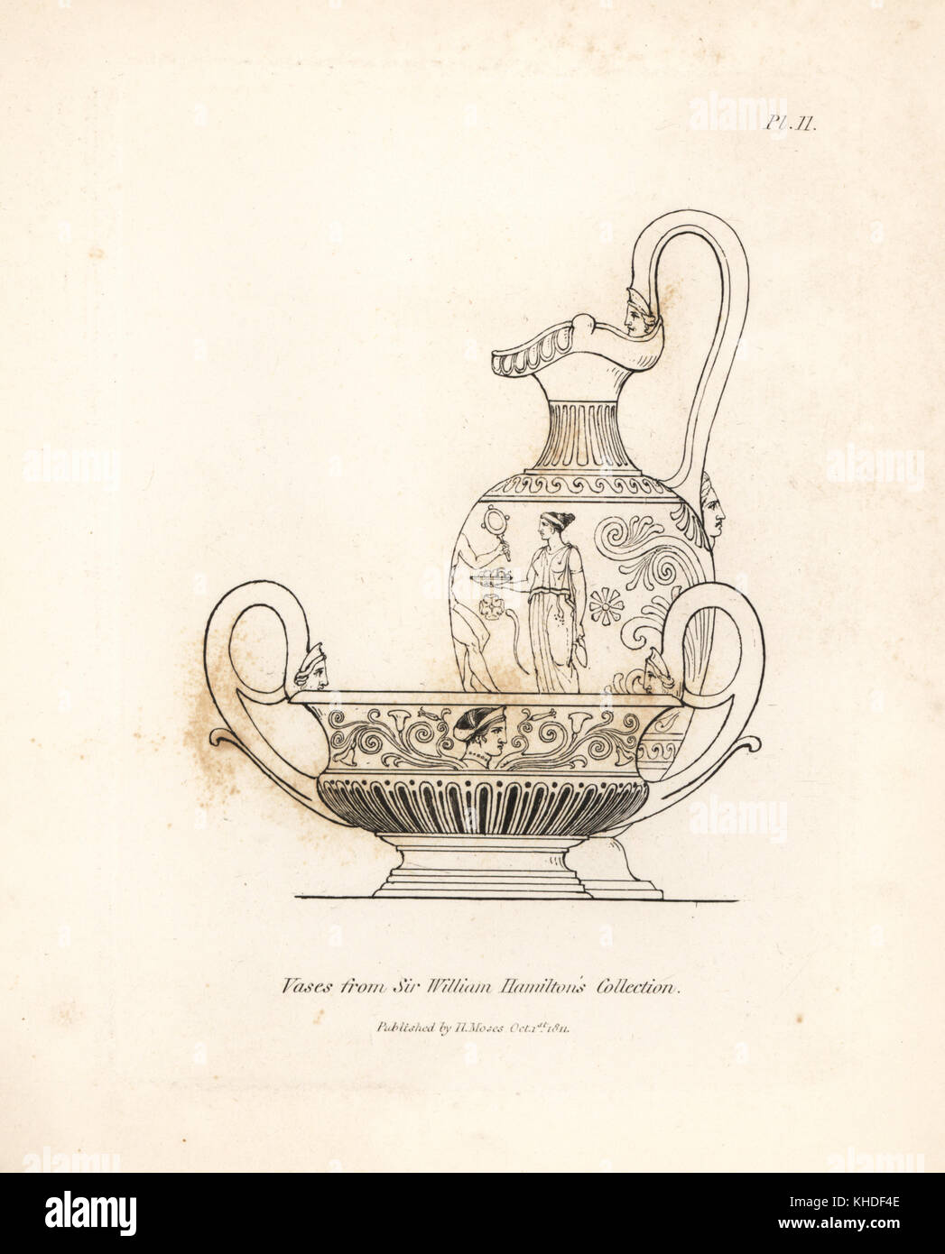 Vasen mit mythischen Szenen aus Sir William Hamilton collection eingerichtet. Kupferstich von Henry Mose aus einer Sammlung von antiken Vasen, Altäre, etc., London, 1814. Stockfoto