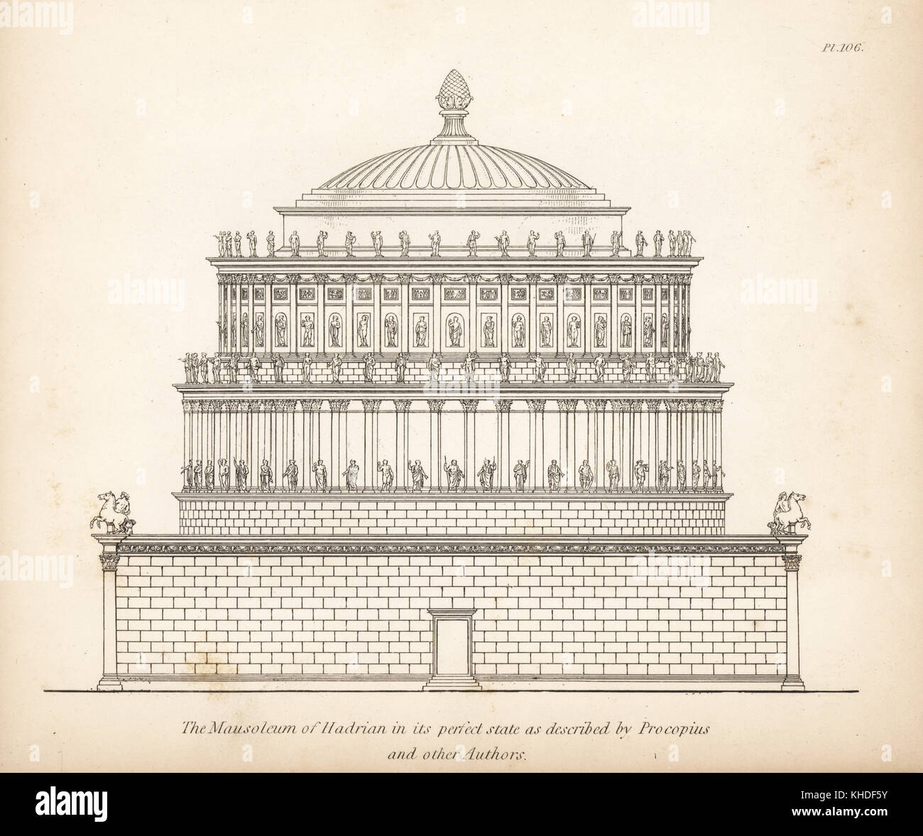 Erhöhung von das Mausoleum des Hadrian in Seiner vollkommenen Zustand im Parco adriano, Rom. Kupferstich von Henry Mose aus einer Sammlung von antiken Vasen, Altäre, etc., London, 1814. Stockfoto