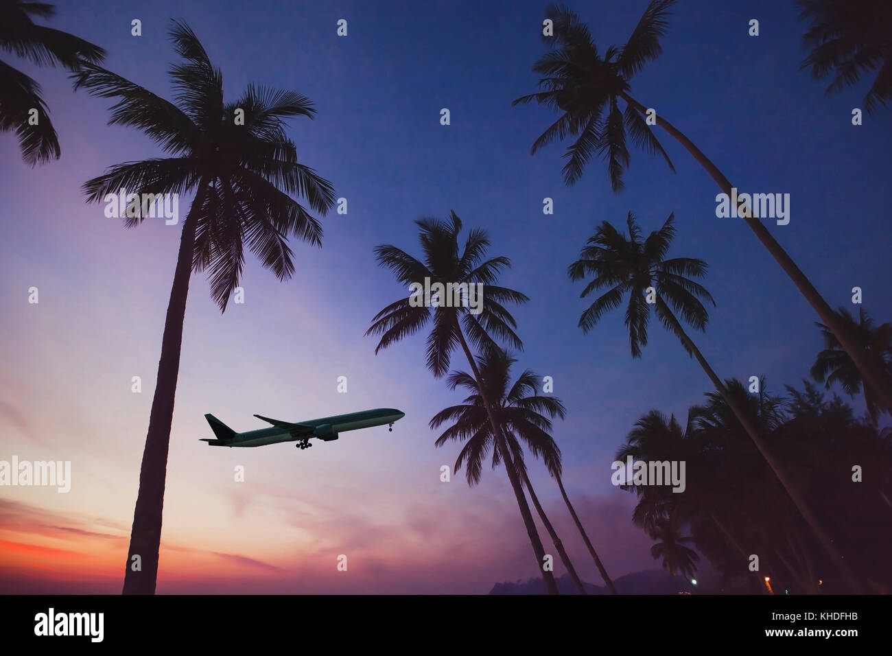 Flugzeug Vom Flughafen in tropischen Land, Silhouette der Ebene im Himmel mit exotischen Palmen Stockfoto