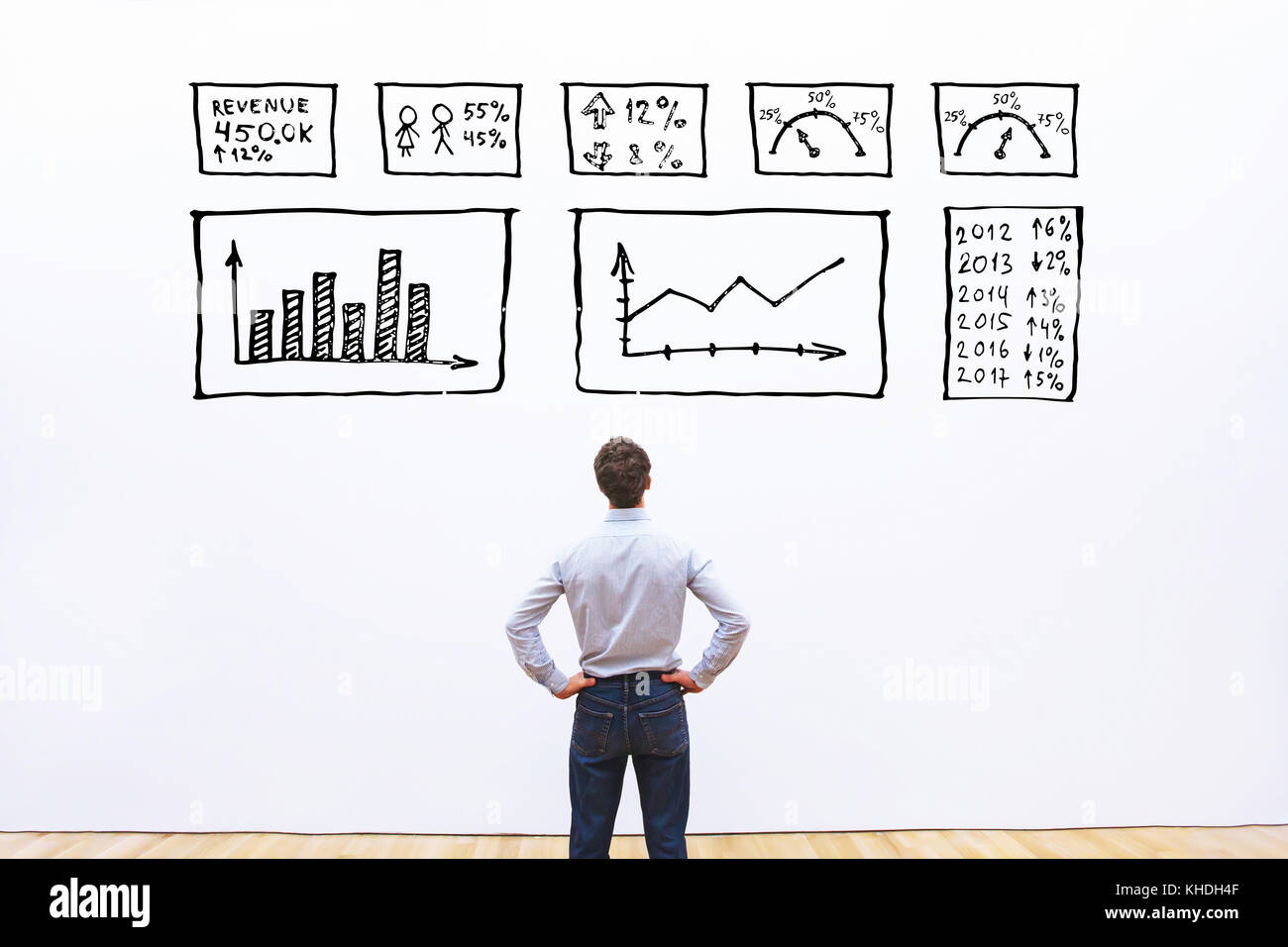 Business Analytics, Konzept, Geschäftsmann am Armaturenbrett mit Diagrammen und Grafiken suchen Stockfoto